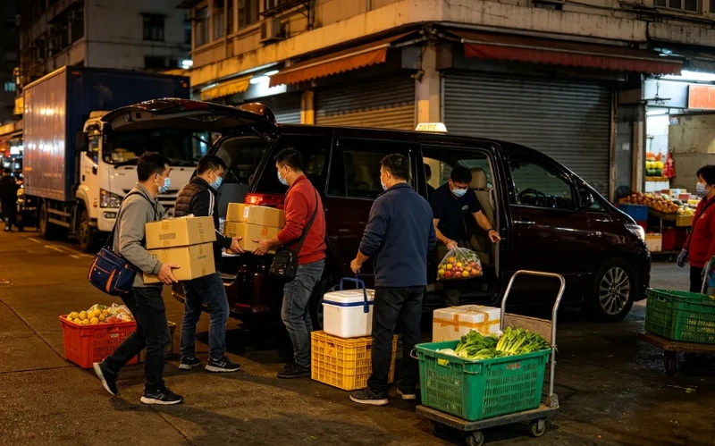 凌晨三個夥計廿八箱貨，一架六人車搞掂